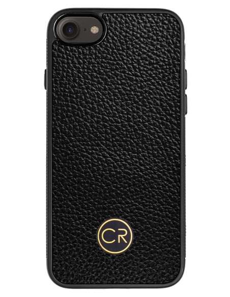 Etui premium skórzane, case na smartfon APPLE iPhone SE (2020). Skóra floater czarna ze złotą blaszką.