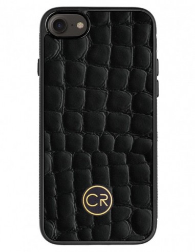 Etui premium skórzane, case na smartfon APPLE iPhone SE (2020). Skóra krokodyl czarna ze złotą blaszką.