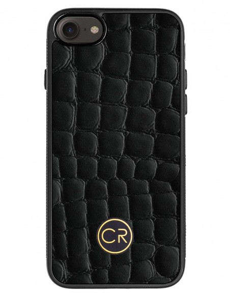 Etui premium skórzane, case na smartfon APPLE iPhone SE (2020). Skóra krokodyl czarna ze złotą blaszką.