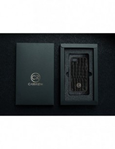 Etui premium skórzane, case na smartfon APPLE iPhone SE (2020). Skóra krokodyl czarna ze złotą blaszką. 2