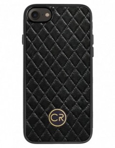 Etui premium skórzane, case na smartfon APPLE iPhone SE (2020). Skóra pikowana czarna ze złotą blaszką.