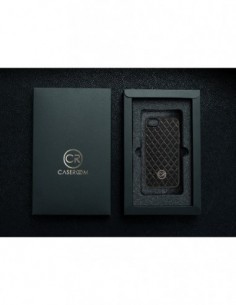 Etui premium skórzane, case na smartfon APPLE iPhone SE (2020). Skóra pikowana czarna ze złotą blaszką. 2