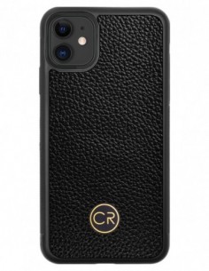 Etui premium skórzane, case na smartfon APPLE iPhone 11. Skóra floater czarna ze złotą blaszką.