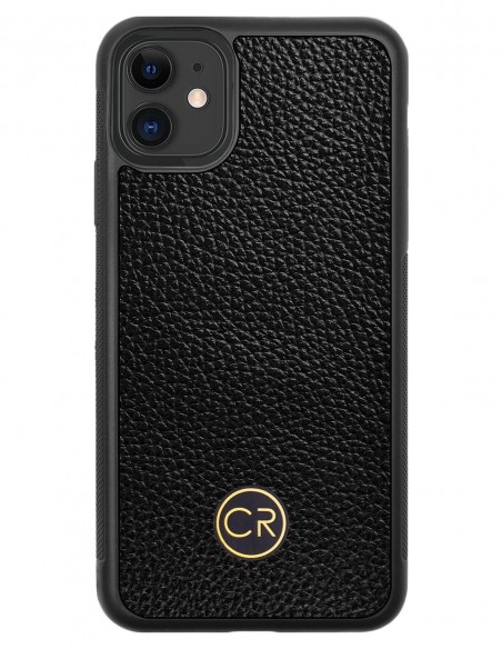 Etui premium skórzane, case na smartfon APPLE iPhone 11. Skóra floater czarna ze złotą blaszką.