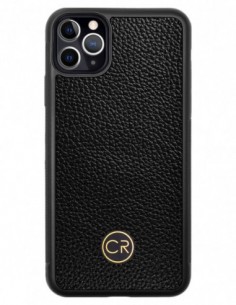 Etui premium skórzane, case na smartfon APPLE iPhone 11 PRO MAX. Skóra floater czarna ze złotą blaszką.