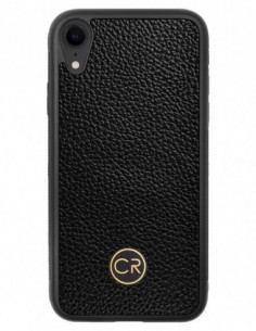 Etui premium skórzane, case na smartfon APPLE iPhone XR. Skóra floater czarna ze złotą blaszką.