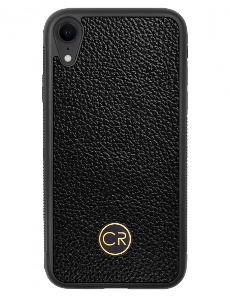 Etui premium skórzane, case na smartfon APPLE iPhone XR. Skóra floater czarna ze złotą blaszką.