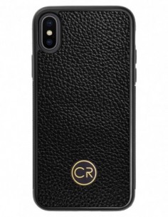 Etui premium skórzane, case na smartfon APPLE iPhone XS. Skóra floater czarna ze złotą blaszką.
