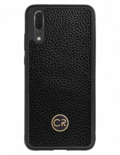 Etui premium skórzane, case na smartfon HUAWEI P20. Skóra floater czarna ze złotą blaszką.