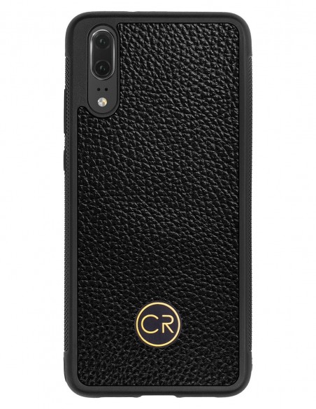 Etui premium skórzane, case na smartfon HUAWEI P20. Skóra floater czarna ze złotą blaszką.