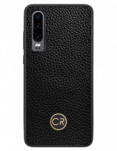 Etui premium skórzane, case na smartfon HUAWEI P30. Skóra floater czarna ze złotą blaszką.