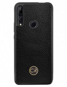 Etui premium skórzane, case na smartfon HUAWEI Y9 PRIME 2019. Skóra floater czarna ze złotą blaszką.