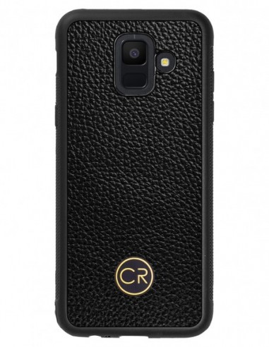Etui premium skórzane, case na smartfon SAMSUNG GALAXY A6. Skóra floater czarna ze złotą blaszką.