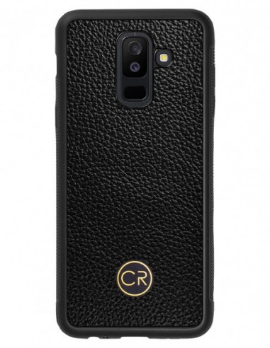 Etui premium skórzane, case na smartfon SAMSUNG GALAXY A6 PLUS. Skóra floater czarna ze złotą blaszką.