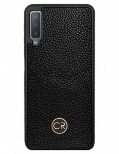 Etui premium skórzane, case na smartfon SAMSUNG GALAXY A7 2018. Skóra floater czarna ze złotą blaszką.