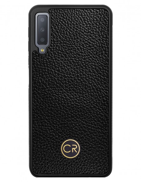 Etui premium skórzane, case na smartfon SAMSUNG GALAXY A7 2018. Skóra floater czarna ze złotą blaszką.