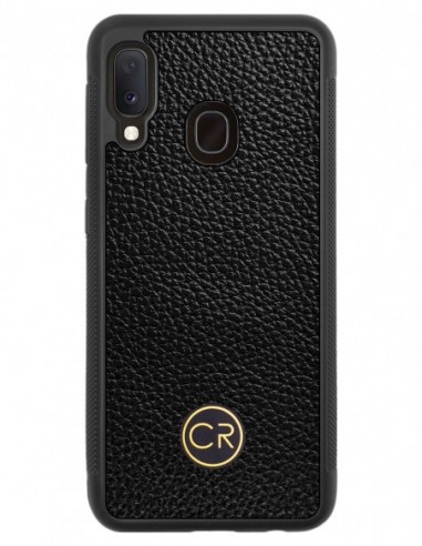 Etui premium skórzane, case na smartfon SAMSUNG GALAXY A20E. Skóra floater czarna ze złotą blaszką.