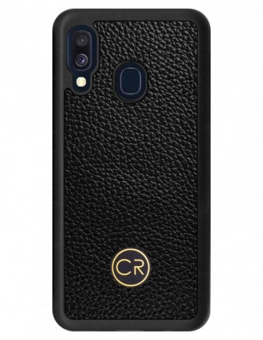 Etui premium skórzane, case na smartfon SAMSUNG GALAXY A40. Skóra floater czarna ze złotą blaszką.