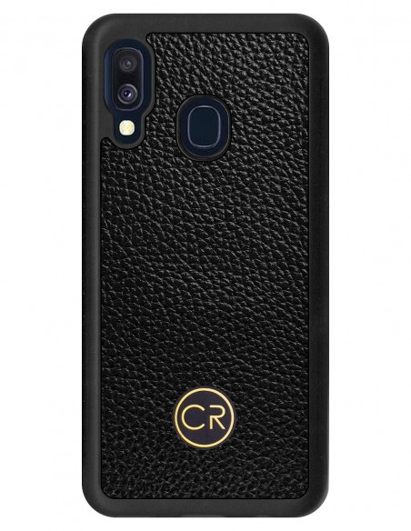 Etui premium skórzane, case na smartfon SAMSUNG GALAXY A40. Skóra floater czarna ze złotą blaszką.