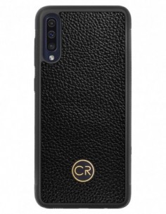 Etui premium skórzane, case na smartfon SAMSUNG GALAXY A50. Skóra floater czarna ze złotą blaszką.