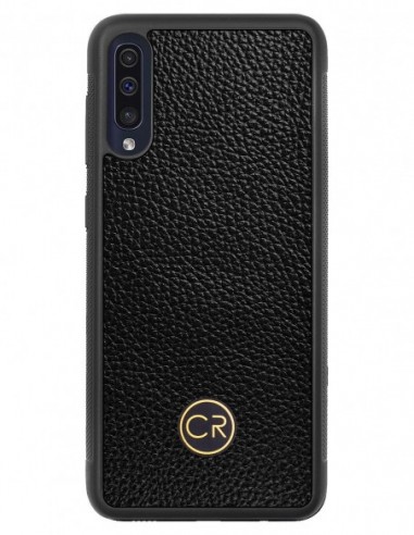 Etui premium skórzane, case na smartfon SAMSUNG GALAXY A50. Skóra floater czarna ze złotą blaszką.