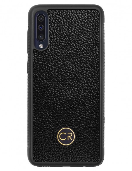 Etui premium skórzane, case na smartfon SAMSUNG GALAXY A50. Skóra floater czarna ze złotą blaszką.