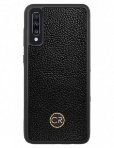 Etui premium skórzane, case na smartfon SAMSUNG GALAXY A70. Skóra floater czarna ze złotą blaszką.