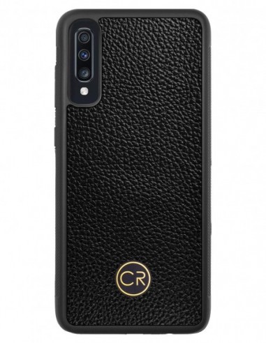 Etui premium skórzane, case na smartfon SAMSUNG GALAXY A70. Skóra floater czarna ze złotą blaszką.