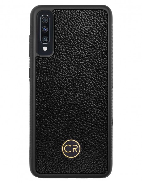 Etui premium skórzane, case na smartfon SAMSUNG GALAXY A70. Skóra floater czarna ze złotą blaszką.