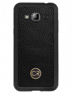 Etui premium skórzane, case na smartfon SAMSUNG GALAXY J3 2016. Skóra floater czarna ze złotą blaszką.