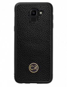 Etui premium skórzane, case na smartfon SAMSUNG GALAXY J6 2018. Skóra floater czarna ze złotą blaszką.