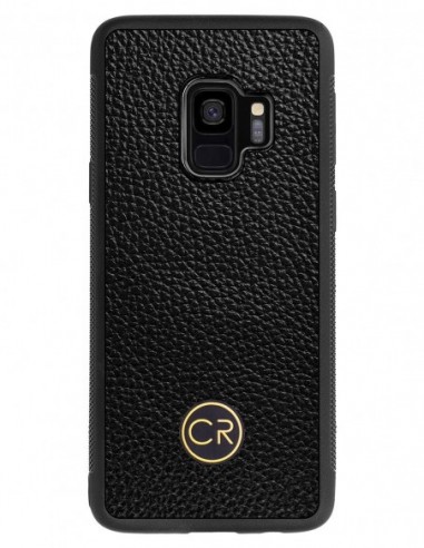 Etui premium skórzane, case na smartfon SAMSUNG GALAXY S9. Skóra floater czarna ze złotą blaszką.