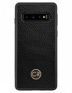 Etui premium skórzane, case na smartfon SAMSUNG GALAXY S10. Skóra floater czarna ze złotą blaszką.