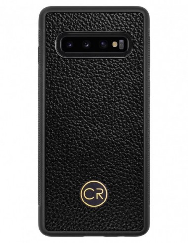 Etui premium skórzane, case na smartfon SAMSUNG GALAXY S10. Skóra floater czarna ze złotą blaszką.