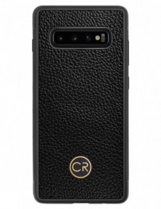 Etui premium skórzane, case na smartfon SAMSUNG GALAXY S10 PLUS. Skóra floater czarna ze złotą blaszką.