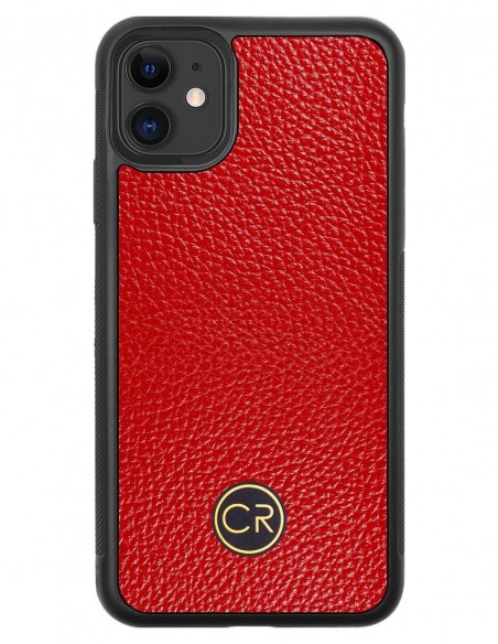 Etui premium skórzane, case na smartfon APPLE iPhone 11. Skóra floater czerwona ze złotą blaszką.