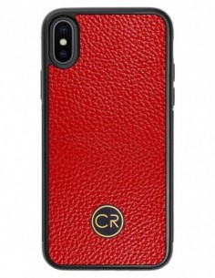 Etui premium skórzane, case na smartfon APPLE iPhone XS. Skóra floater czerwona ze złotą blaszką.