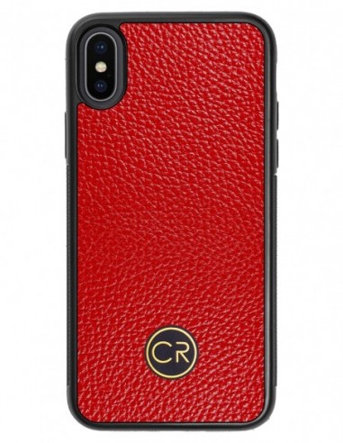 Etui premium skórzane, case na smartfon APPLE iPhone XS. Skóra floater czerwona ze złotą blaszką.