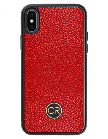 Etui premium skórzane, case na smartfon APPLE iPhone XS. Skóra floater czerwona ze złotą blaszką.