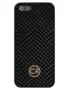 Etui premium skórzane, case na smartfon APPLE iPhone SE (2016). Skóra iguana czarna ze złotą blaszką.