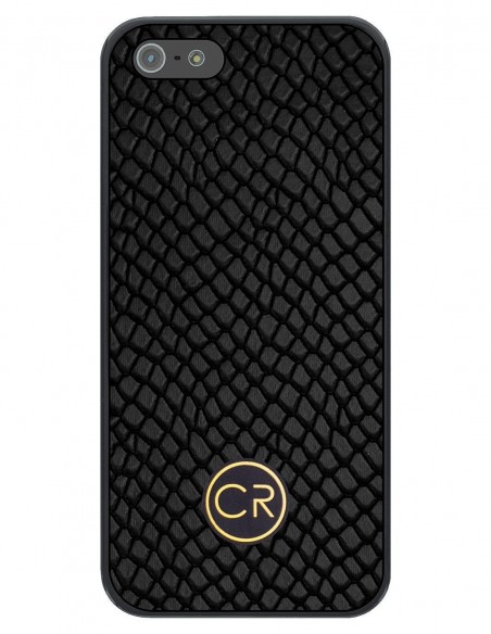 Etui premium skórzane, case na smartfon APPLE iPhone SE (2016). Skóra iguana czarna ze złotą blaszką.