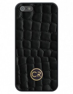 Etui premium skórzane, case na smartfon APPLE iPhone SE (2016). Skóra krokodyl czarna ze złotą blaszką.