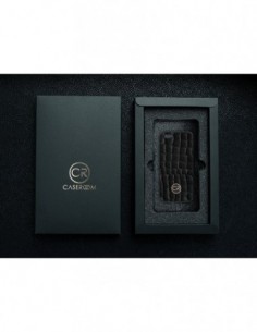 Etui premium skórzane, case na smartfon APPLE iPhone SE (2016). Skóra krokodyl czarna ze złotą blaszką. 2