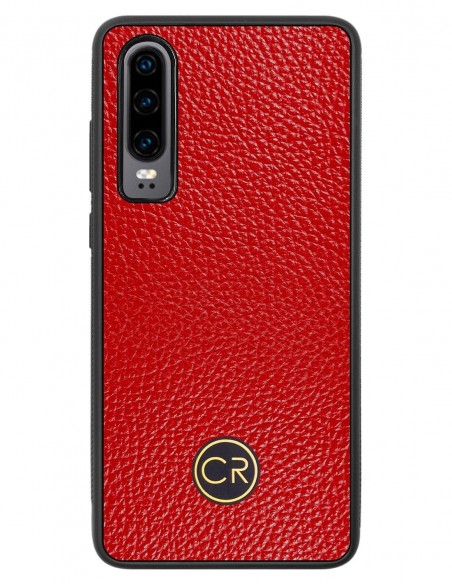 Etui premium skórzane, case na smartfon HUAWEI P30. Skóra floater czerwona ze złotą blaszką.