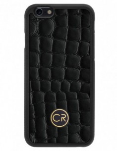 Etui premium skórzane, case na smartfon APPLE iPhone 6S. Skóra krokodyl czarna ze złotą blaszką.