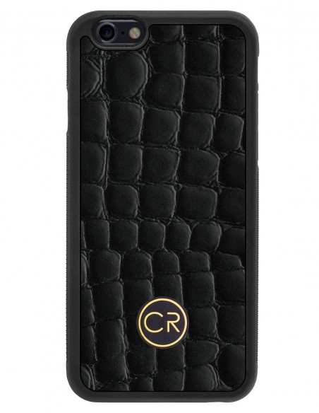 Etui premium skórzane, case na smartfon APPLE iPhone 6S. Skóra krokodyl czarna ze złotą blaszką.