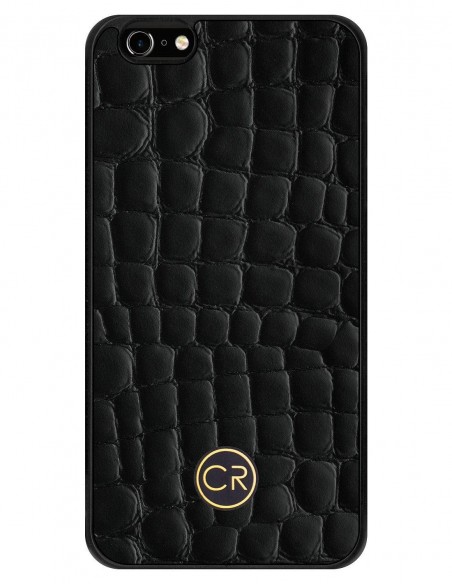 Etui premium skórzane, case na smartfon APPLE iPhone 6 PLUS. Skóra krokodyl czarna ze złotą blaszką.