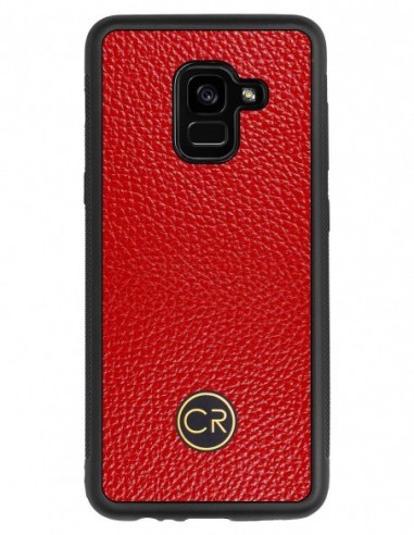 Etui premium skórzane, case na smartfon SAMSUNG GALAXY A5 2018. Skóra floater czerwona ze złotą blaszką.