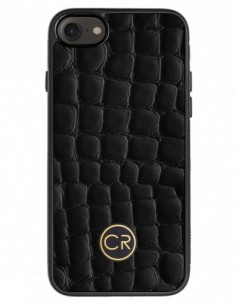Etui premium skórzane, case na smartfon APPLE iPhone 7. Skóra krokodyl czarna ze złotą blaszką.