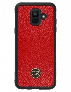 Etui premium skórzane, case na smartfon SAMSUNG GALAXY A6. Skóra floater czerwona ze złotą blaszką.